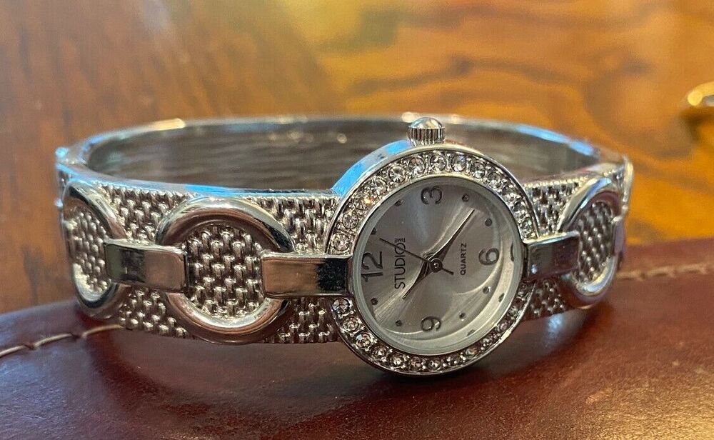 Women's 24mm silver Tone Studio Time Bangle Bracelet Watch, Crystal Accents